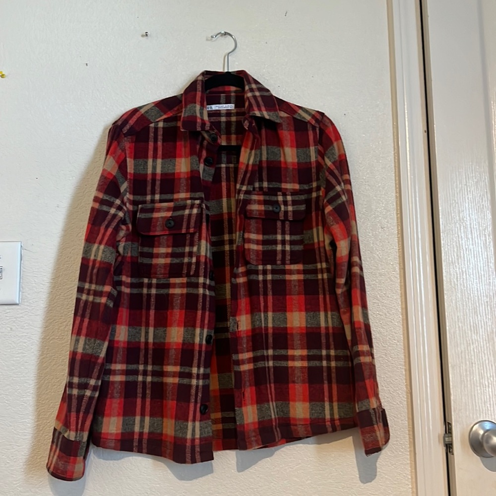 Zara button down red shirt great match for denim pants and white t shirt